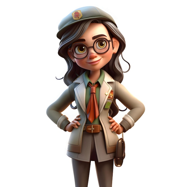 Ilustração renderizada em 3D de Little Police Girl com boné e óculos