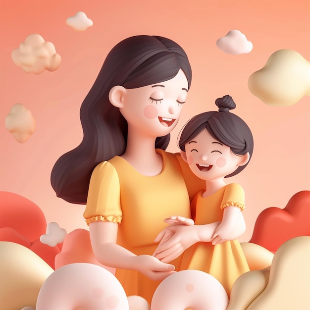 Foto ilustração renderizada em 3d de mãe e filha se abraçando