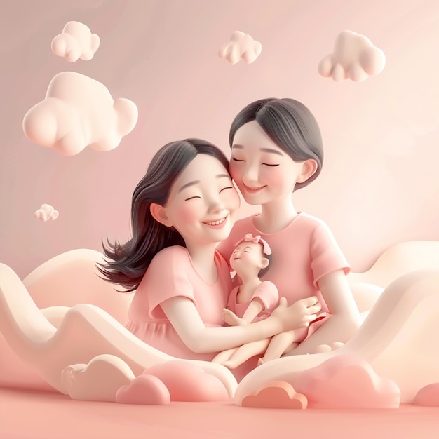 Foto ilustração renderizada em 3d de mãe e filha se abraçando