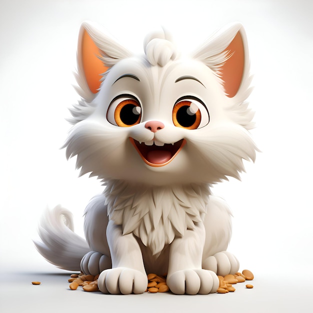 Ilustração renderizada em 3D de um gatinho branco bonito sentado no chão