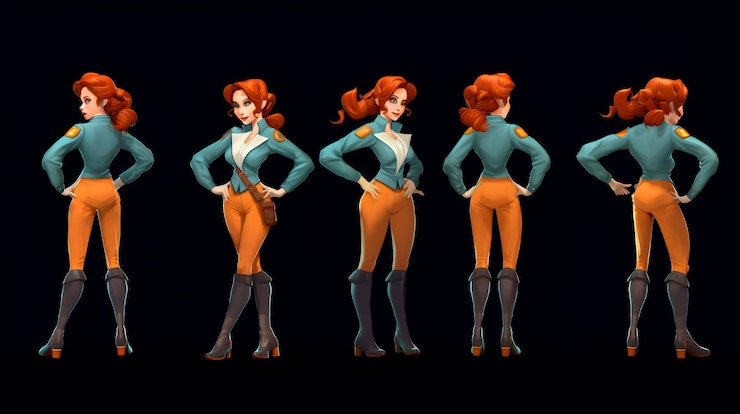 Foto ilustração renderizada em 3d de uma personagem feminina de cabelo vermelho vestindo roupas azuis e laranjas e botas pretas ela é mostrada de cinco ângulos diferentes