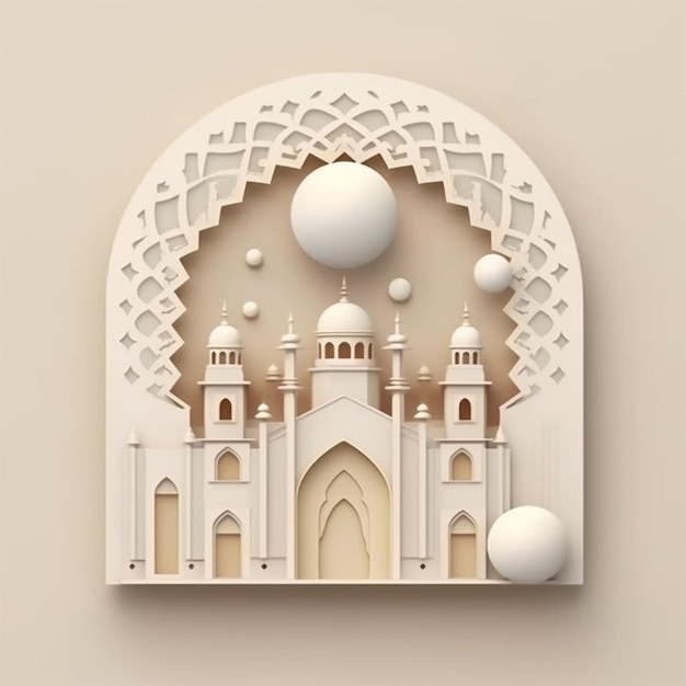 Ilustração renderizada em 3D para Mesquita Islâmica em efeito de recorte de papel