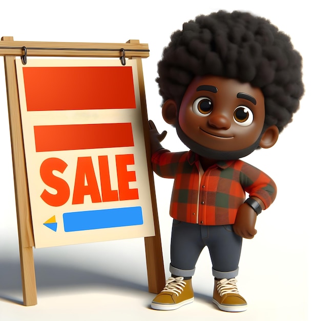 Foto ilustração representando um menino mostrando um sinal de venda de produto fotográfico