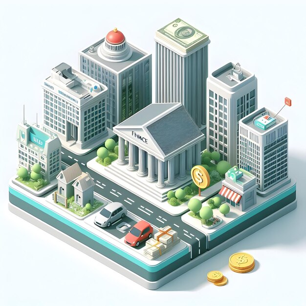 Ilustração retrata vários elementos financeiros, incluindo um banco, construção de dinheiro, canhão, moedas, carro