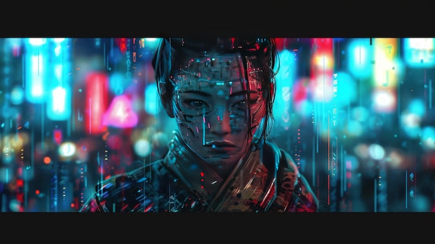 Ilustração Retrato de personagem samurai em néon cidade cyberpunk rua da cidade de ficção científica Ai gerado