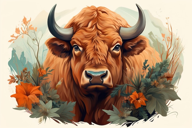 Foto ilustração retrato de um bisonte ou aurochs entre flores