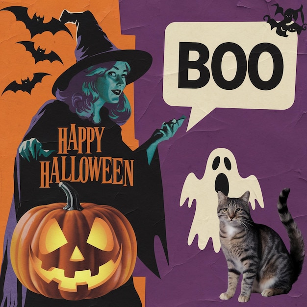 Ilustração retrô de Halloween com uma bruxa e um gato