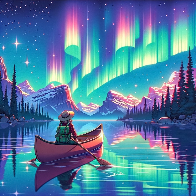 Foto ilustração retro uma bela aurora boreal sobre a ilha spirit