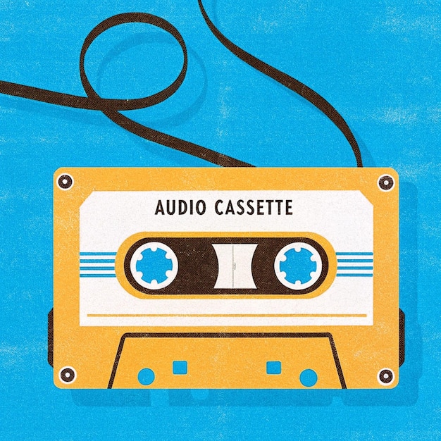 Ilustração risográfica de um rádio de cassete amarelo em fundo azul
