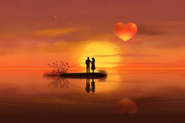 Ilustração romântica com pôr do sol e casal apaixonado em uma ilha cercada por água e coração vermelho
