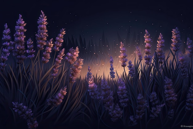 Ilustração romântica de flores de lavanda em um campo de lavanda Generative AI