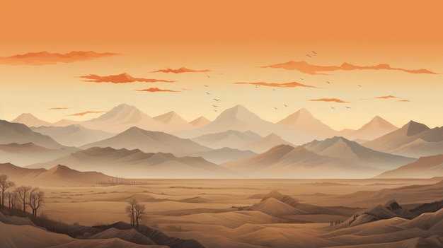 Ilustração romantizada da paisagem do deserto com montanhas nebulosas