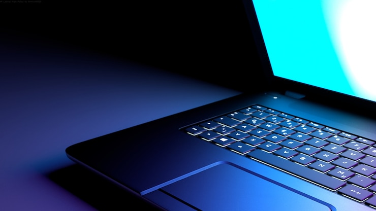 Foto ilustração roxa do portátil 3d. laptop de mesa preto com visor de cor roxo rosa claro.