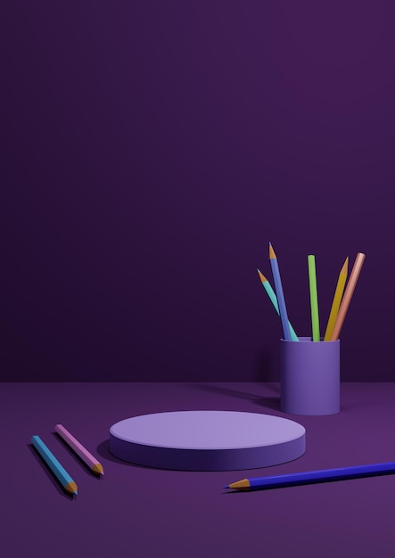 Ilustração roxa escura de volta ao pódio de exibição de produto escolar, lápis de lado no produto de mesa