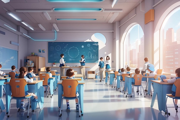 ilustração sala de aula de escola futurista