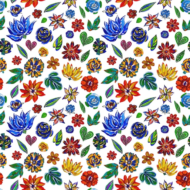 Ilustração sem costura padrão de flores de desenho colorido acrílico sobre fundo branco isolado