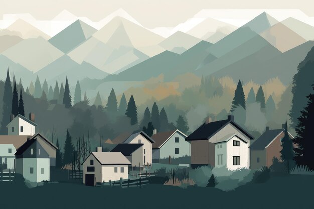 Ilustração serena e minimalista de uma cabana rústica na montanha aninhada em um vale tranquilo