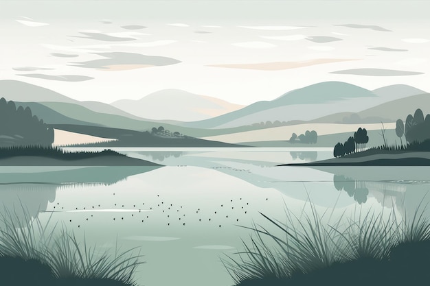 Ilustração serena e minimalista de uma montanha em uma paisagem de lago com tons suaves e frios