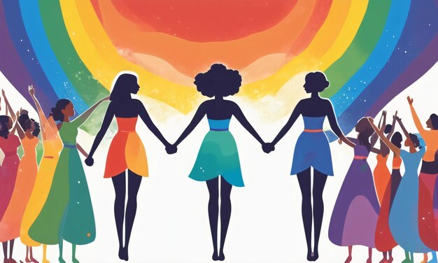 Foto ilustração simples com silhueta de diversas mulheres lgbtiqa de mãos dadas celebrando o mês do orgulho