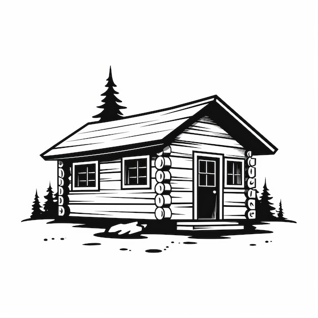 Foto ilustração simples de cabana de madeira em preto e branco arte de estêncil limpa e ousada