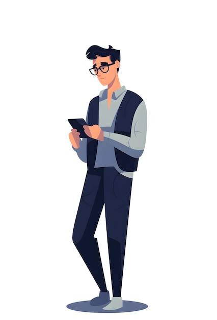 Ilustração simples e limpa de personagem masculino segurando um smartphone Ferramentas generativas de IA