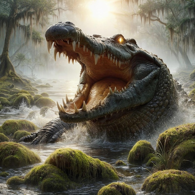 Ilustração sinistra de um crocodilo com as mandíbulas abertas