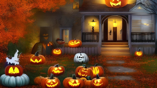 Ilustração sobre o tema de abóboras de Halloween e fundo assustador