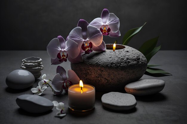 ilustração spa pedras e orquídeas e velas em uma mesa cinzenta ai generativo