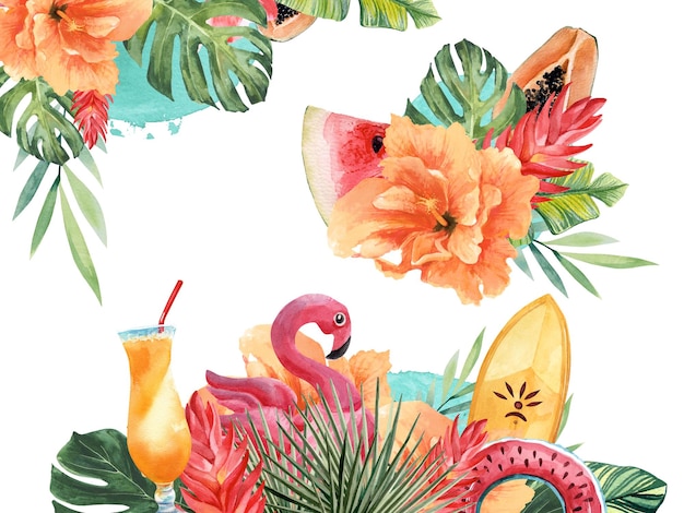 Ilustração suculenta brilhante sobre o tema de plantas tropicais e férias na praia