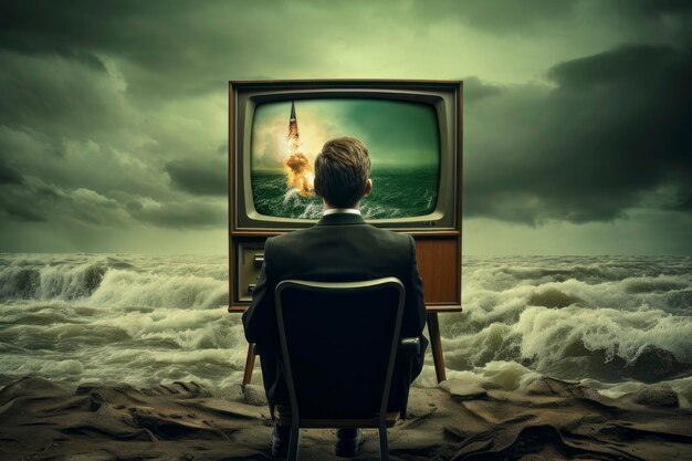 Ilustração surrealista de um homem vendo televisão no mar com uma explosão nuclear por trás