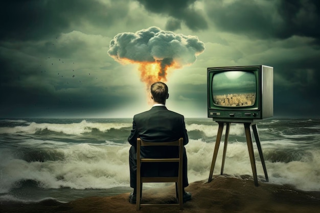 Ilustração surrealista de um homem vendo televisão no mar com uma explosão nuclear por trás