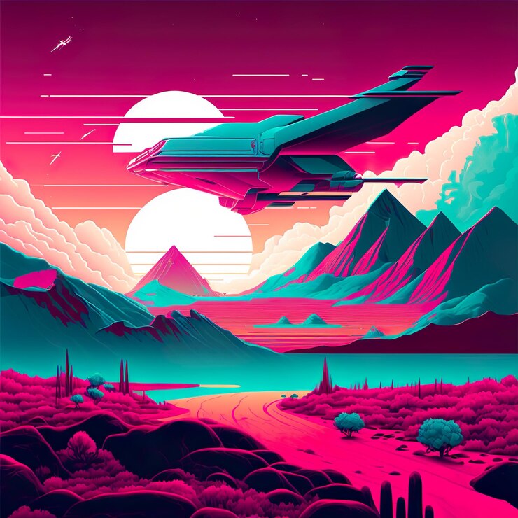 Ilustração Synthwave Retrowave avião sol montanhas rio paisagem vermelho ciano