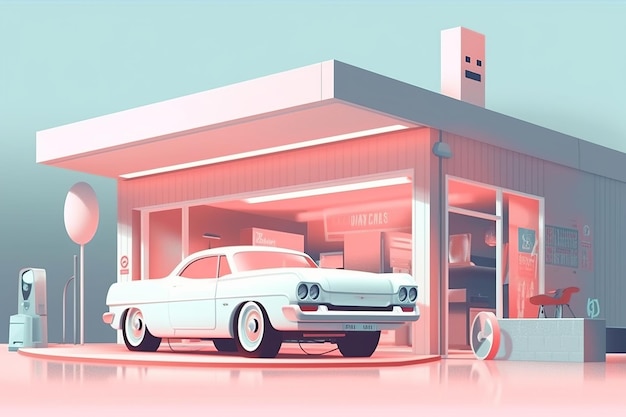 Ilustração tecnológica mínima de uma cena de reparo de carro em uma paleta de cores pastel suavizada