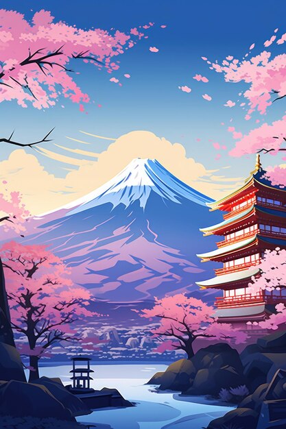 Ilustração templo japonês ou pagoda asiática e montanhas Fuji no fundo Generative ai