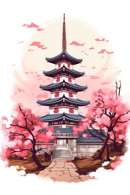 Ilustração templo japonês ou pagoda asiática e montanhas Fuji no fundo Generative ai