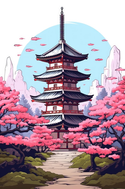 Ilustração templo japonês ou pagoda asiática e montanhas Fuji no fundo Generative ai