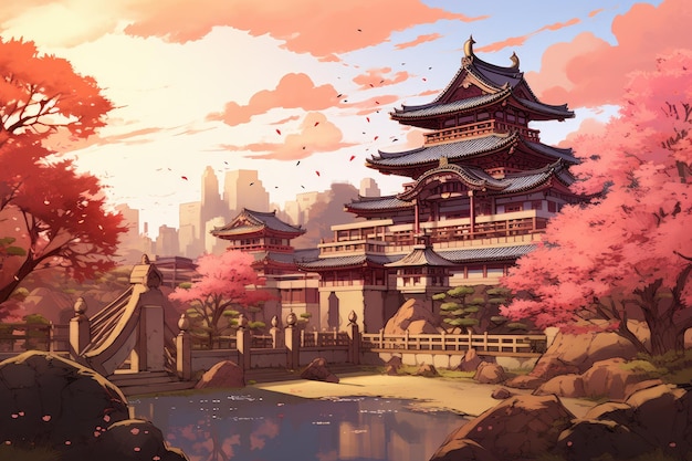 Ilustração tradicional japonesa de templos e castelos em estilo anime