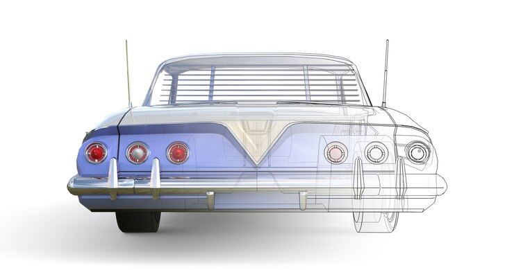 Foto ilustração tridimensional do computador do velho carro americano, combinada com os contornos técnicos do modelo. renderização 3d.