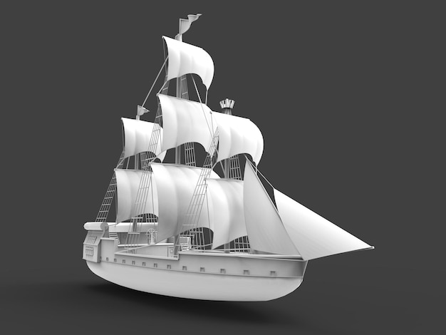 Ilustração tridimensional raster de um antigo navio à vela renderização em 3d