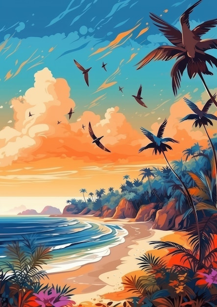 Ilustração tropical colorida brilhante da praia de areia com palmeiras flores oceano Ai gerado
