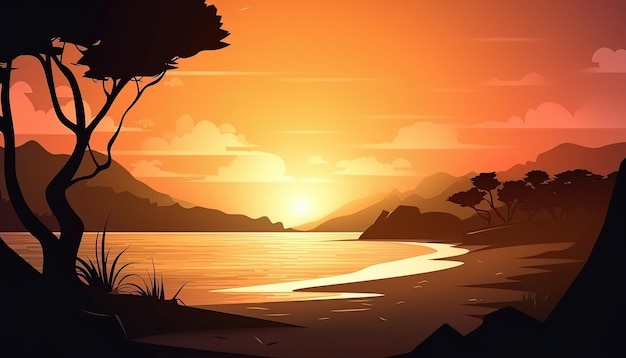 Ilustração tropical da praia do por do sol do verão com árvores cativantes do por do sol e o oceano