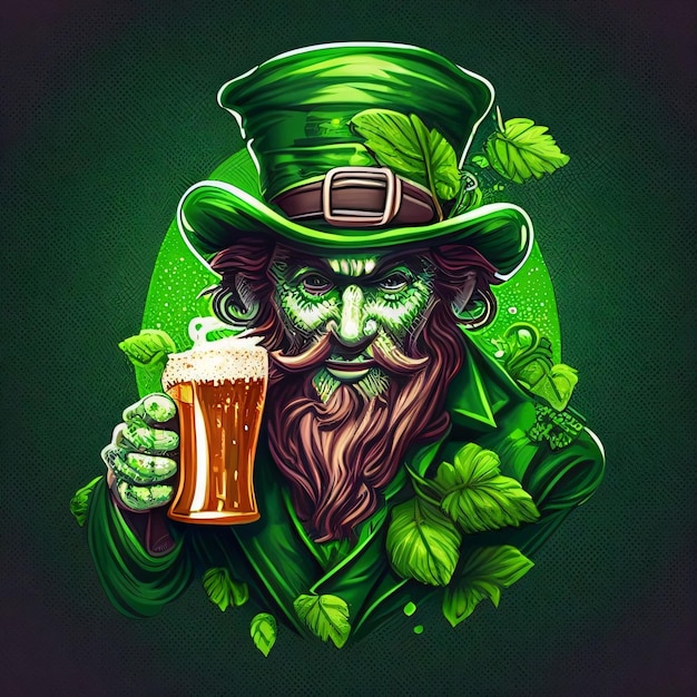 Ilustração Um duende verde vestindo um chapéu verde em um fundo verde escuro com um símbolo de cor verde cerveja do Dia de São Patrício