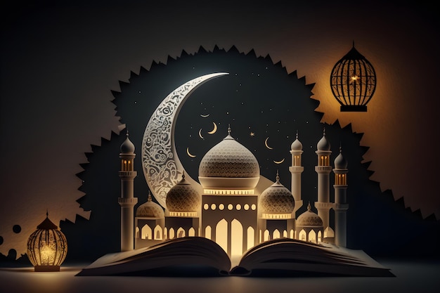 ilustração um livro aberto com uma mesquita e uma lua no topo