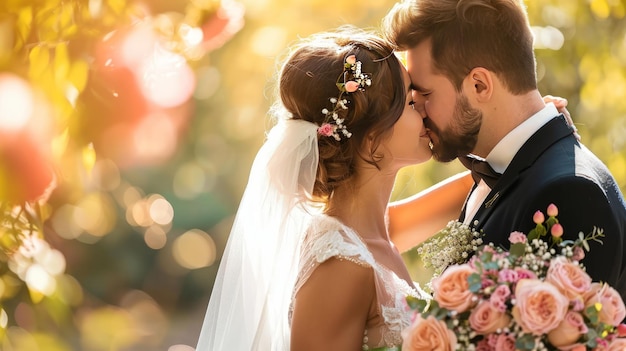 Ilustração Um noivo e a noiva se beijando na frente dos convidados no dia do casamento