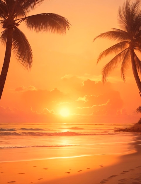 Ilustração uma praia serena ao pôr do sol com palm