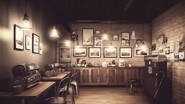 Ilustração vazia do interior do café ou bar durante o dia, imagem gerada por IA pós-processada