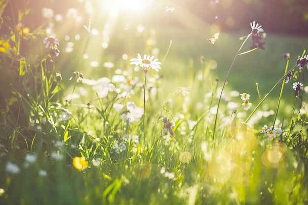 Ilustração verde ensolarada de prado de primavera IA generativa