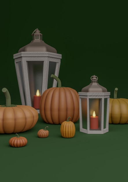 Ilustração verde escura outono outono exibição de produtos com tema de Halloween abóboras lanternas velas