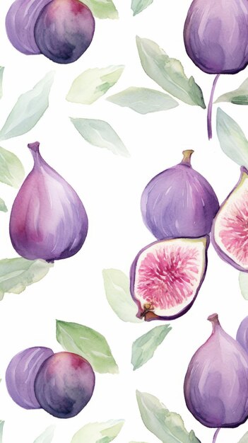 Ilustração vertical em aquarela de frutas frescas de figo orgânico