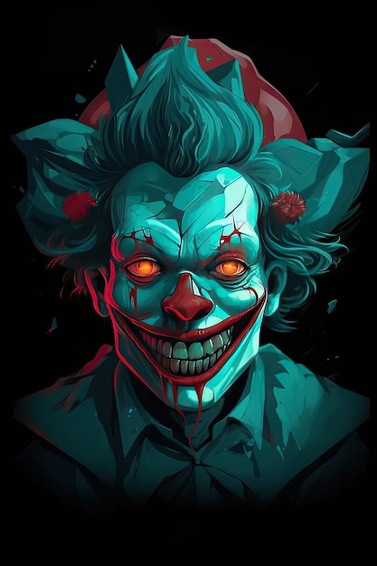 Ilustração vertical para o Halloween de um retrato de um palhaço assustador e sorridente com fundo preto IA generativa